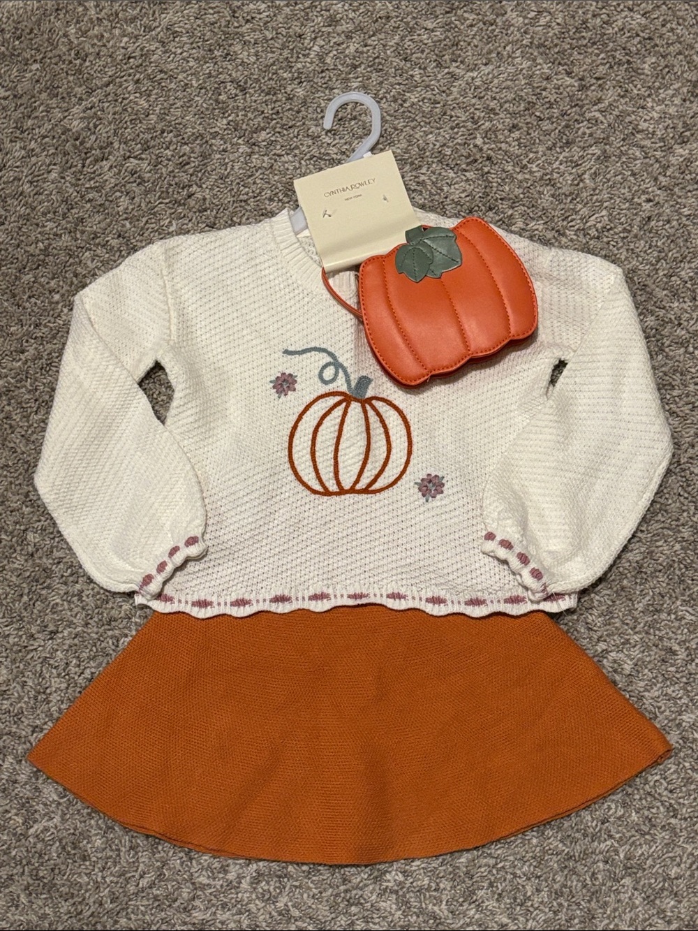 NWT Cynthia Rowley Cream Sweater & Orange Pumpkin Skirt Set with Pumpkin Purse 4